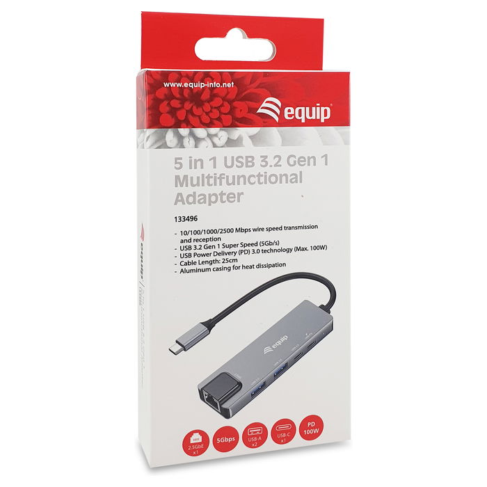 EQUIP 133496 Adaptador USB-C a RJ45 2500 Mbps con 2x USB 3.2 + 1x USB-C y 100W PD