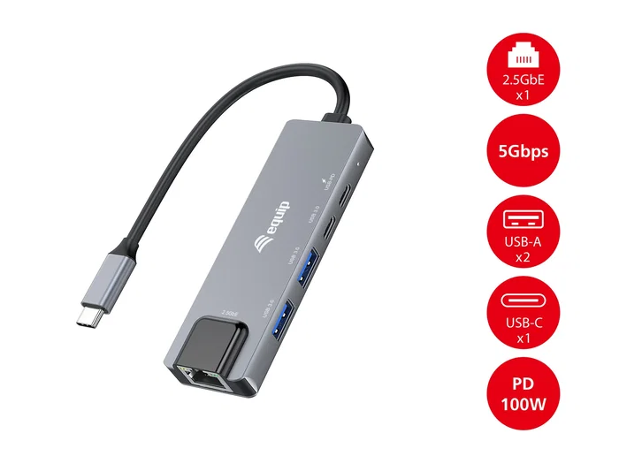 Equip 133496 Adaptador USB-C a Ethernet 2.5G + USB-A 3.2 + PD 100W - Hub de Puertos con Carga, 2 x USB-A, 2 x USB-C, RJ45 10/100/1000/2500 Mbps, Aluminio Gris
