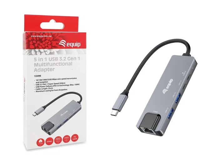 Equip 133496 Adaptador USB-C a Ethernet 2.5G + USB-A 3.2 + PD 100W - Hub de Puertos con Carga, 2 x USB-A, 2 x USB-C, RJ45 10/100/1000/2500 Mbps, Aluminio Gris
