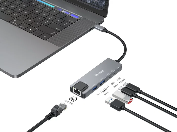 Equip 133496 Adaptador USB-C a Ethernet 2.5G + USB-A 3.2 + PD 100W - Hub de Puertos con Carga, 2 x USB-A, 2 x USB-C, RJ45 10/100/1000/2500 Mbps, Aluminio Gris