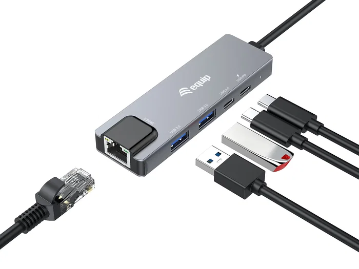 Equip 133496 Adaptador USB-C a Ethernet 2.5G + USB-A 3.2 + PD 100W - Hub de Puertos con Carga, 2 x USB-A, 2 x USB-C, RJ45 10/100/1000/2500 Mbps, Aluminio Gris
