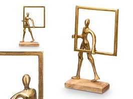 Giftdecor Soporte Decoración Hombre Marco Dorado Metal Aluminio Madera Mango 19 cm x 29 cm x 6 cm Oro Natural (Set de 6)