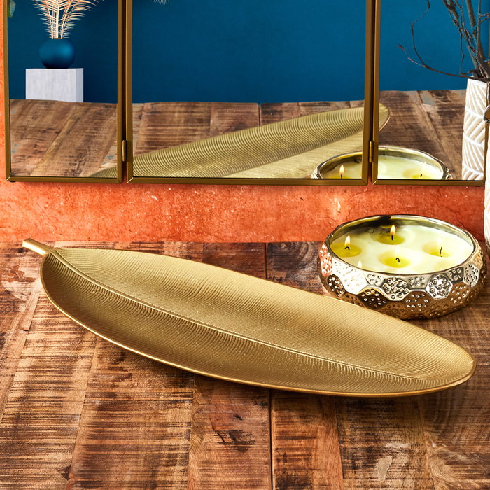 Home Deco Factory Bandeja Hoja Madera Dorada