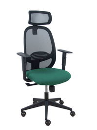 Silla de oficina Cilanco con mecanismo Sincro tapizada con Tela color Verde botella y malla color Negro. Equipada con lumbar 1D, Brazos 1D, Cabecero 2D y Ruedas de parqué