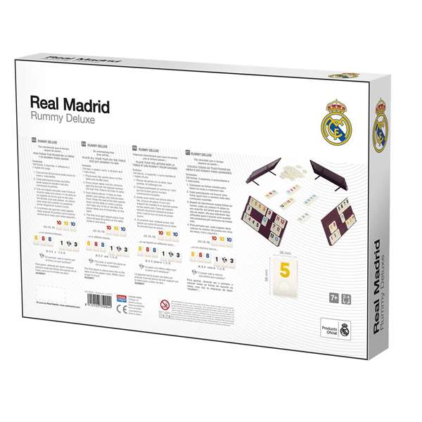 Falomir Juego Rummy de Luxe Real Madrid, Juego de Mesa en Español, 106 Fichas y 4 Soportes, Recomendado 3 a 7 Años