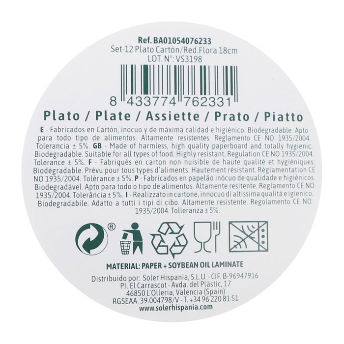 Algon Set de 12 Platos de Cartón Flora, 18 cm, Rojo | Colección Red Flora (24 Unidades)