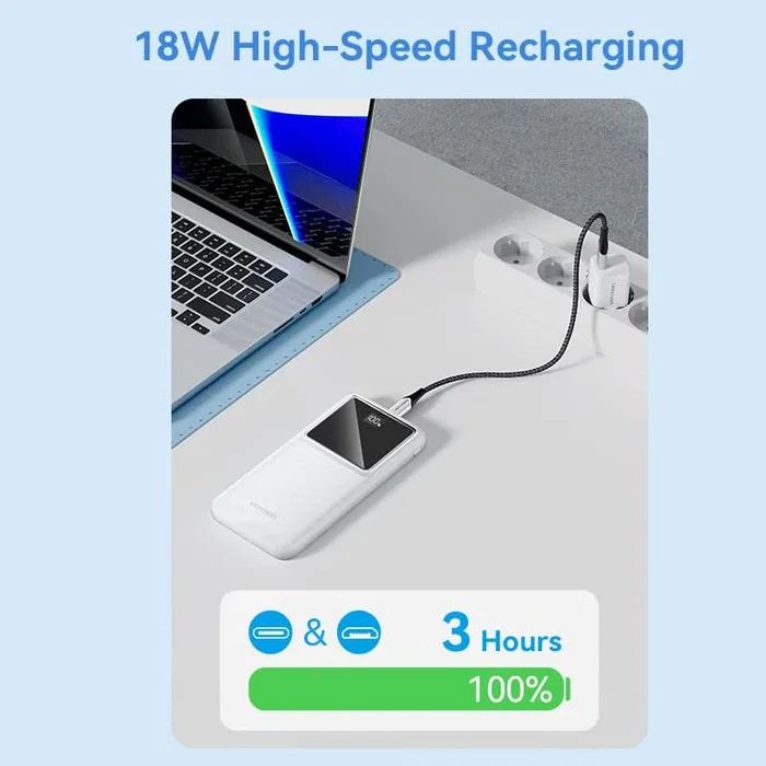 Vention Powerbank FHKW0 10000mAh 22.5W Carga Rápida PD USB-C Micro-USB 2xUSB-A Blanco con Pantalla LED