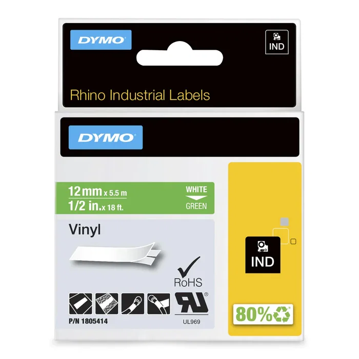 DYMO 1805414 Cinta para Impresora de Etiquetas Industrial Rhino, Vinilo Blanco sobre Verde, 12mm x 5.5m, Resistente UV/Agua/Químicos, para Dymo Rhino y LabelManager