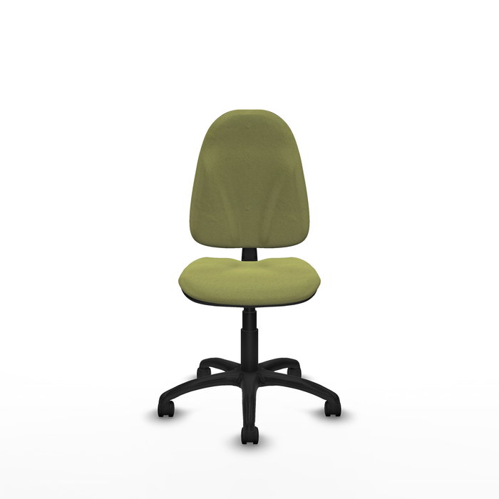 Silla de oficina Algarra con mecanismo Contacto permanente básico tapizada con Tela color Verde oliva. Equipada con Base poliamida negra, Sin brazos y Ruedas de nailon 50 mm