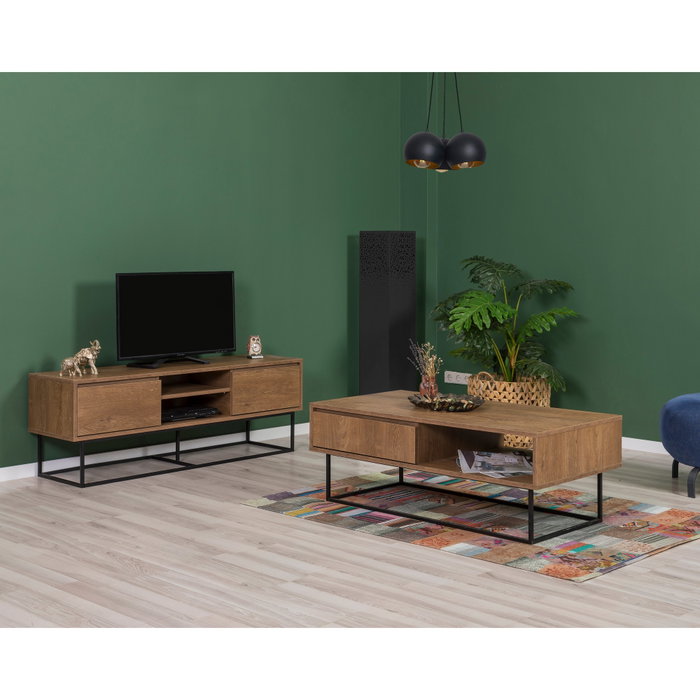 Hanah Home Takım 3 Conjunto Muebles Salón Aglomerado Melamina Nogal Negro 140cm Mueble TV 120cm Mesa Centro