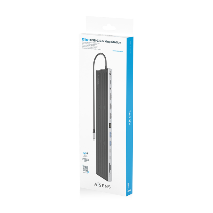 AISENS ASUC-13P042-GR Dock USB-C 13 en 1 con 2xHDMI 4K@60Hz, DisplayPort 4K@60Hz, RJ45, 3xUSB-A, 2xUSB-C, USB-C PD 100W, SD, Micro SD, Audio, Kensington