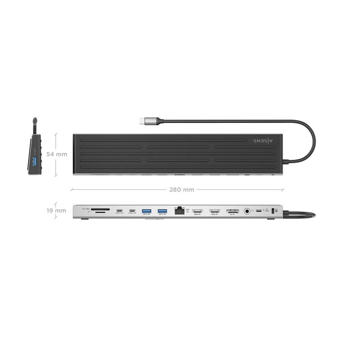 AISENS USB-C Dock 13 en 1 Gris con 2xHDMI, 1xDisplayPort y PD 100W