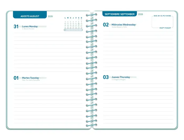 Liderpapel Agenda Escolar 2026-2027 Classic - Bilingüe, Espiral, A5, 2 Días por Página, 70g, Papel FSC, Azul Turquesa Liderpapel Agenda Escolar 2026-2027 Classic - Bilingüe, Espiral, A5, 2 Días por Página, 70g, Papel FSC, Azul Turquesa