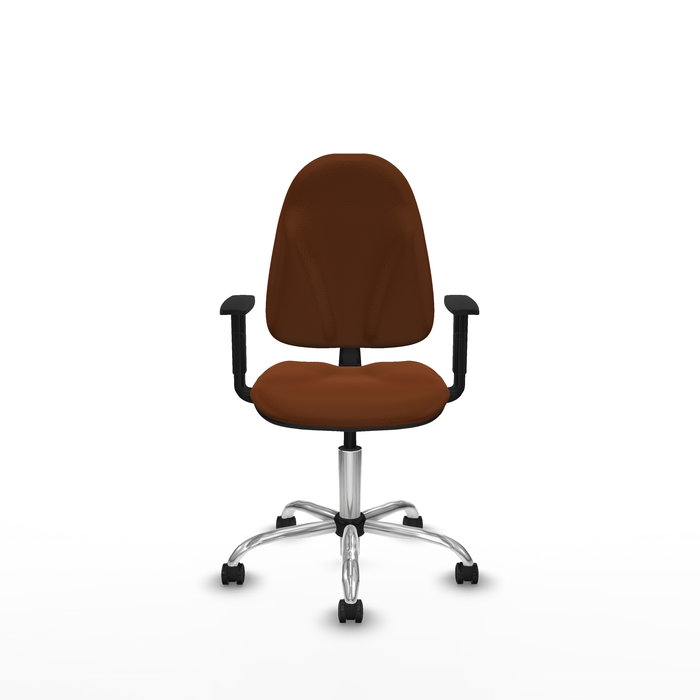 Silla de oficina Algarra con mecanismo Contacto permanente básico tapizada con Similpiel color Marrón. Equipada con Base cromada, Brazos 1D y Ruedas autofrenantes