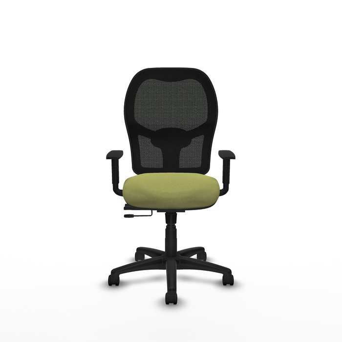 Silla de oficina Alocén con mecanismo Sincro/Traslack tapizada con Tela color Verde oliva y malla color Negro. Equipada con lumbar 1D, Brazos 1D y Ruedas de nailon 50 mm