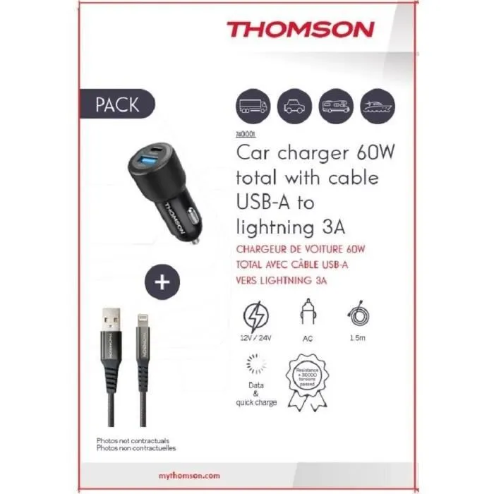 Thomson THO3513767400015 Pack Cargador Coche 60W + Cable USB-A a L 3A Thomson THO3513767400015 Pack Cargador Coche 60W + Cable USB-A a L 3A