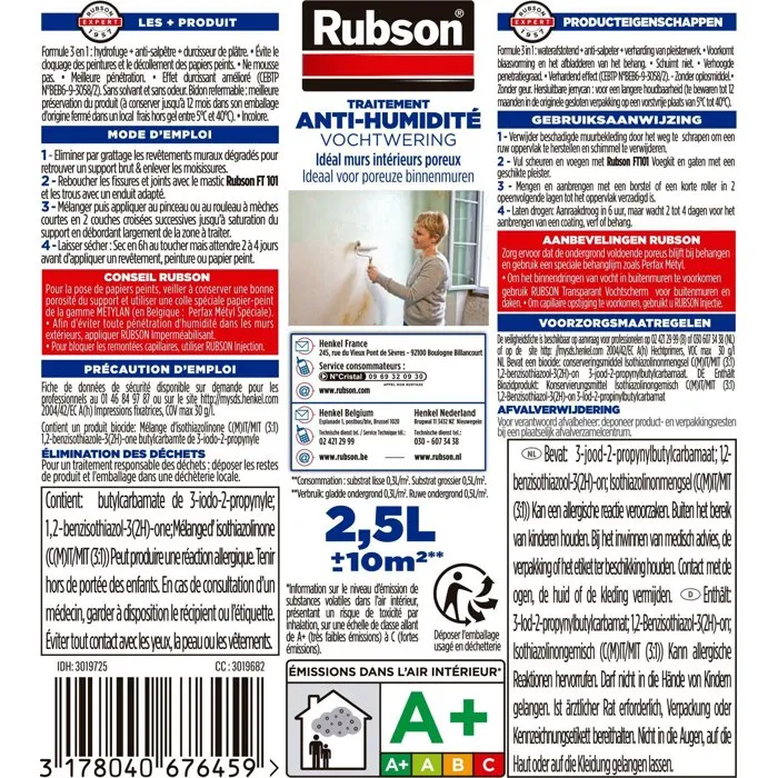 Rubson Tratamiento Anti-Salitre Paredes Interiores Húmedas. Triple Acción: Impermeable, Repelente Agua, Endurecedor de Yeso. Incoloro 2.5 L