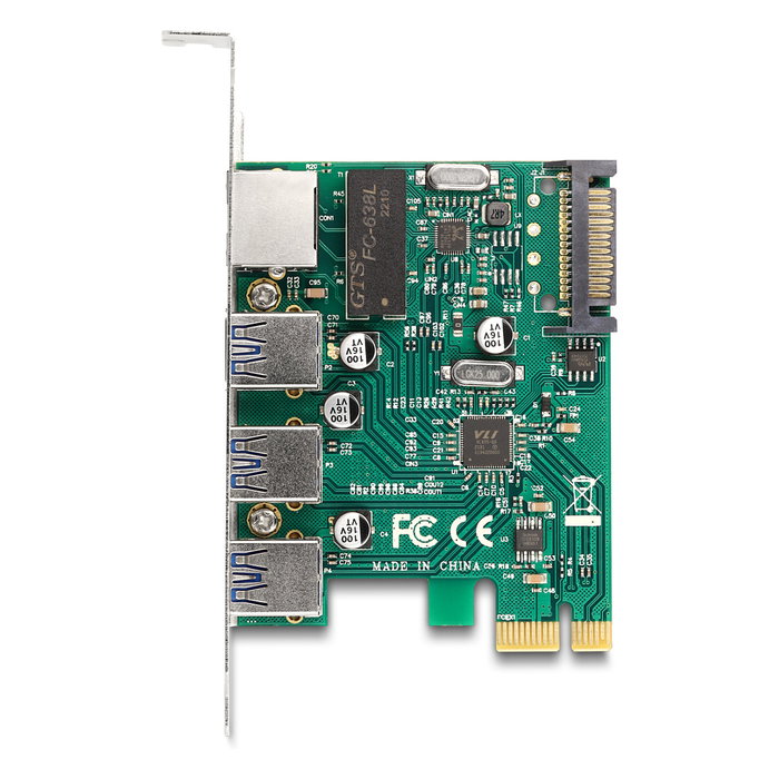 DeLOCK Tarjeta PCI Express x1 a 3 Puertos USB 3.2 Gen 1 (5 Gbps) Tipo-A + 1 Puerto Gigabit LAN RJ-45, PCIe 2.0, para Windows 10/11 y Linux