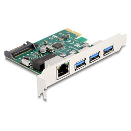 DeLOCK Tarjeta PCI Express x1 a 3 Puertos USB 3.2 Gen 1 (5 Gbps) Tipo-A + 1 Puerto Gigabit LAN RJ-45, PCIe 2.0, para Windows 10/11 y Linux