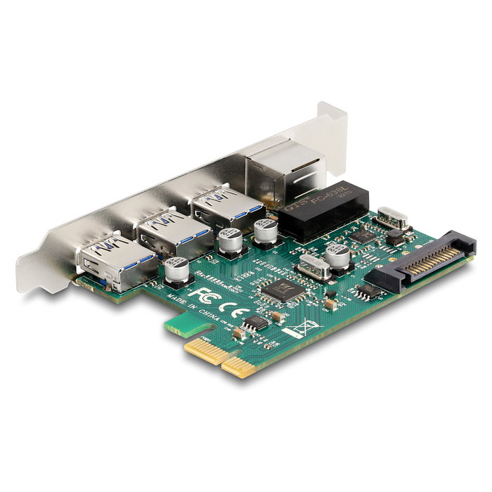 DeLOCK Tarjeta PCI Express x1 a 3 Puertos USB 3.2 Gen 1 (5 Gbps) Tipo-A + 1 Puerto Gigabit LAN RJ-45, PCIe 2.0, para Windows 10/11 y Linux