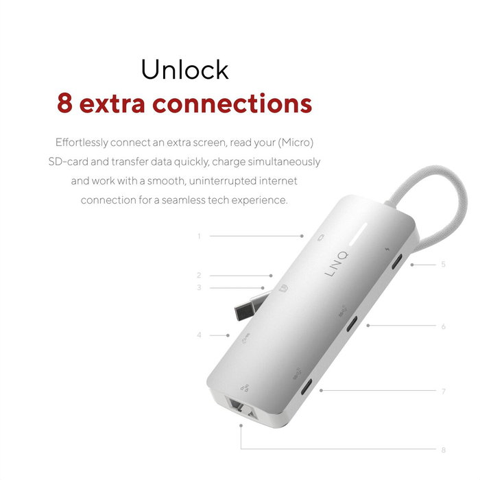 Linq Hub 8 puertos PRO USB-C 140W Gris | 1xUSB 3.2, 1xHDMI, 1xUSB-C PD 140W, 2xUSB-C, 1xRJ45 2.5Gbps, 1xLector de tarjetas Linq Hub 8 puertos PRO USB-C 140W Gris | 1xUSB 3.2, 1xHDMI, 1xUSB-C PD 140W, 2xUSB-C, 1xRJ45 2.5Gbps, 1xLector de tarjetas