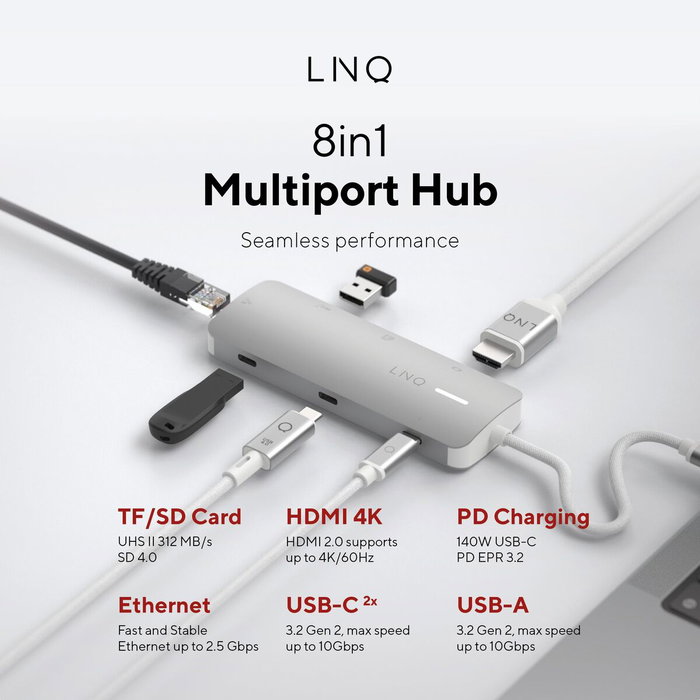 Linq Hub 8 puertos PRO USB-C 140W Gris | 1xUSB 3.2, 1xHDMI, 1xUSB-C PD 140W, 2xUSB-C, 1xRJ45 2.5Gbps, 1xLector de tarjetas Linq Hub 8 puertos PRO USB-C 140W Gris | 1xUSB 3.2, 1xHDMI, 1xUSB-C PD 140W, 2xUSB-C, 1xRJ45 2.5Gbps, 1xLector de tarjetas