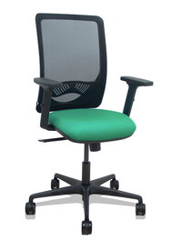 Silla de oficina Zulema con mecanismo Sincro tapizada con Tela color Verde esmeralda y malla color Negro. Equipada con lumbar 1D, Brazos 2D y Ruedas 65mm nailon