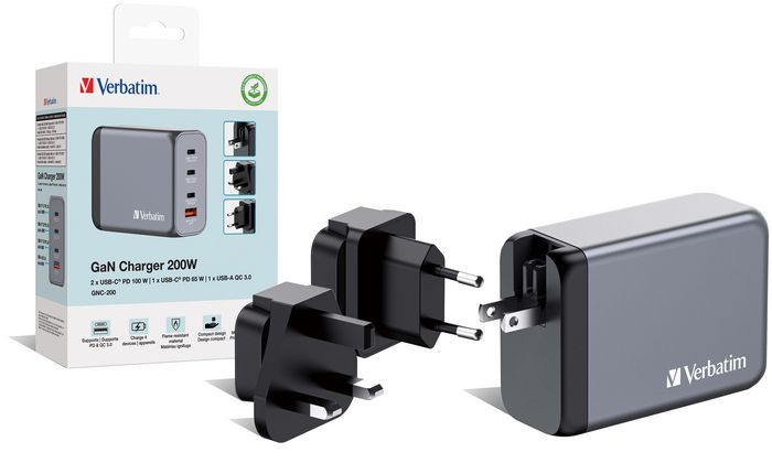 Verbatim GNC-200 Cargador de Pared GaN 200W con 3x USB-C y 1x USB-A Verbatim GNC-200 Cargador de Pared GaN 200W con 3x USB-C y 1x USB-A
