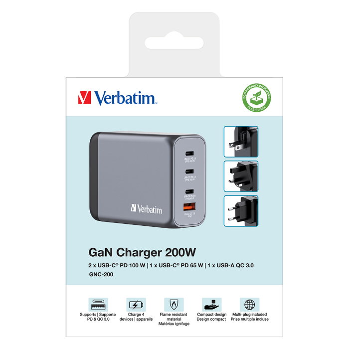 Verbatim GNC-200 Cargador de Pared GaN 200W con 3x USB-C y 1x USB-A Verbatim GNC-200 Cargador de Pared GaN 200W con 3x USB-C y 1x USB-A