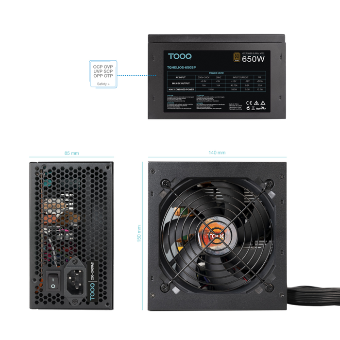 TOOQ Fuente de Alimentación 650W 80+ Bronze PFC Activo Ventilador 12cm ATX TQHELIOS-650SP