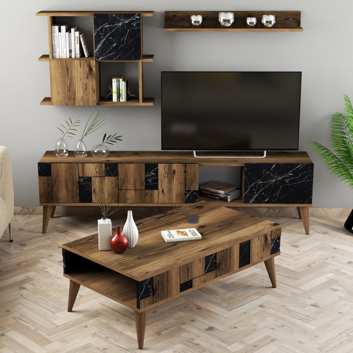 Hanah Home Madrid - Black Conjunto de Muebles de Salón, Nogal y Negro, Tablero de Partículas Recubierto de Melamina