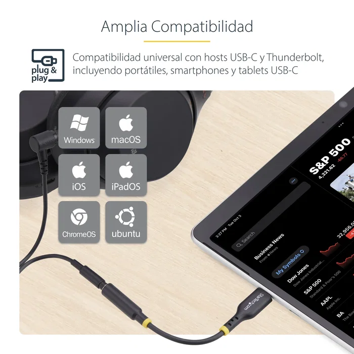 StarTech Adaptador de Audio USB-C a 3.5mm Cable USBCAUDIO2 | DAC 32 bits | Estéreo + Micrófono TRRS | Compatible con Windows/Mac/Android/iOS | 0.127 m | Negro
