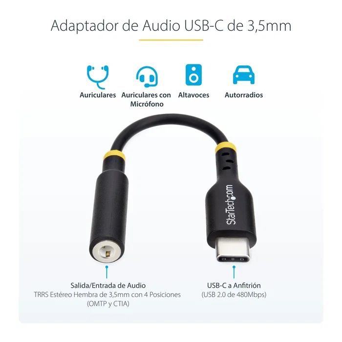 StarTech Adaptador de Audio USB-C a 3.5mm Cable USBCAUDIO2 | DAC 32 bits | Estéreo + Micrófono TRRS | Compatible con Windows/Mac/Android/iOS | 0.127 m | Negro