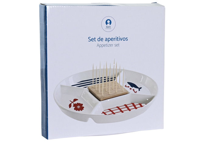 DKD Home Decor Bandeja para aperitivos Casitas Azul de Gres y Bambú DKD Home Decor Bandeja para aperitivos Casitas Azul de Gres y Bambú