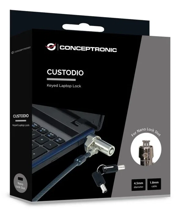Conceptronic CUSTODIO02BNM Cable de Seguridad para Portátil Nano, 1,8 m, Negro