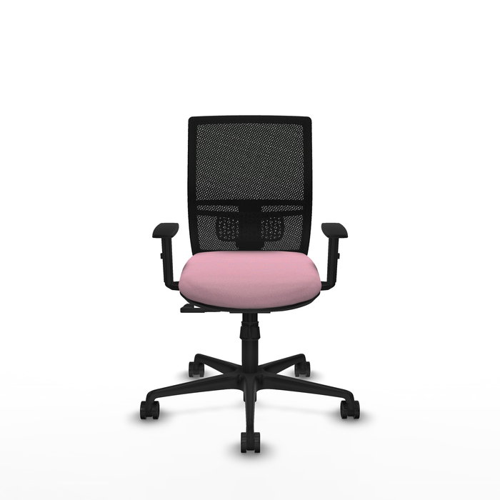 Silla de oficina Yunquera con mecanismo Sincro tapizada con Tela color Rosa y malla color Negro. Equipada con lumbar 1D, Brazos 1D y Ruedas 65mm nailon