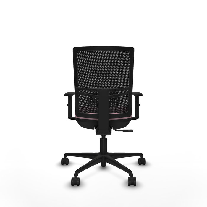 Silla de oficina Yunquera con mecanismo Sincro tapizada con Tela color Rosa y malla color Negro. Equipada con lumbar 1D, Brazos 1D y Ruedas 65mm nailon