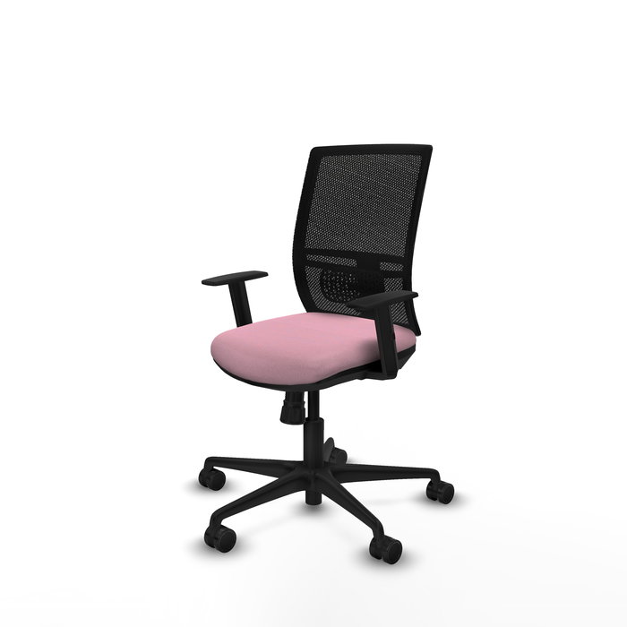 Silla de oficina Yunquera con mecanismo Sincro tapizada con Tela color Rosa y malla color Negro. Equipada con lumbar 1D, Brazos 1D y Ruedas 65mm nailon