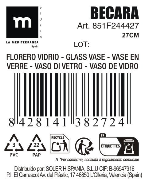 La Mediterranea Garrafa de Vidrio Becara, Pack de 3 unidades