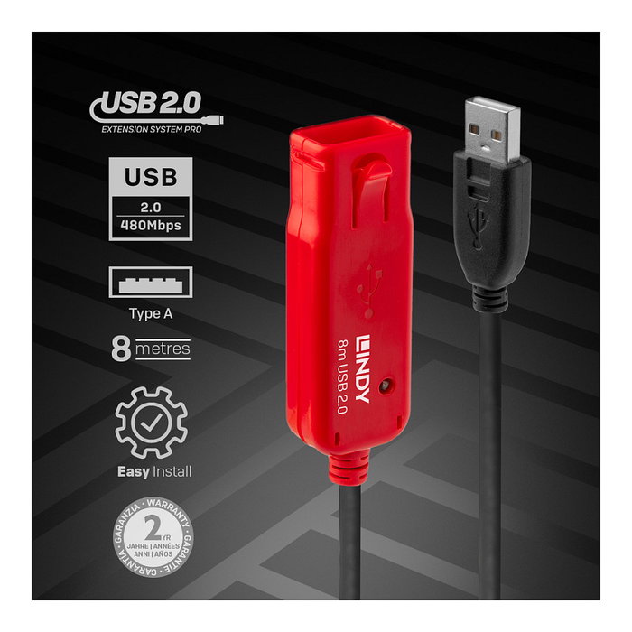 Lindy USB Active Extension Pro 8m USB 2.0 Negro