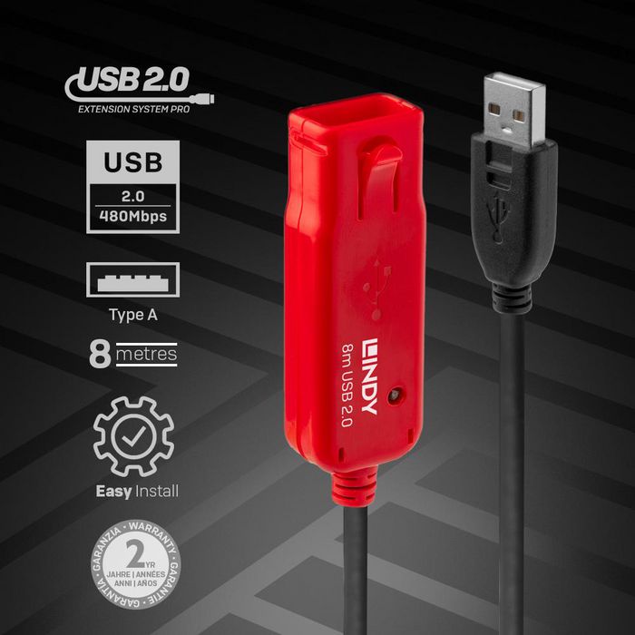 Lindy 8m USB 2.0 Active Extension Pro Cable con Repetidor para Ampliar Señal