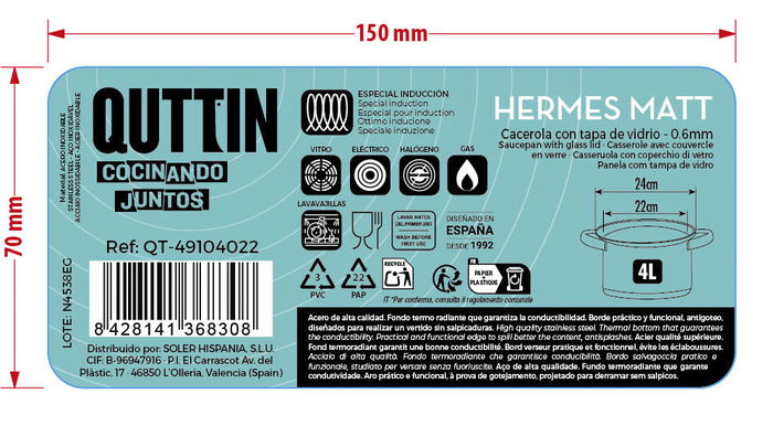 Inde Cacerola Acero Inoxidable 22 cm (4 Litros) con Tapa 'Hermes Matt' (4 Unidades)