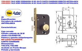 Yale AZBE Cerradura 49 BC 40x70 con Frente Cuadrado y Sistema Antipalanque