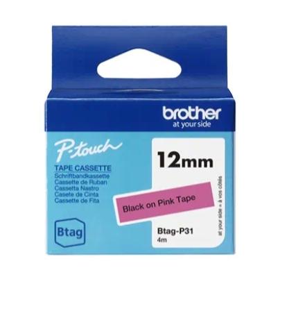 Brother BTAG-P31 Cinta de 12 mm Negro sobre rosa