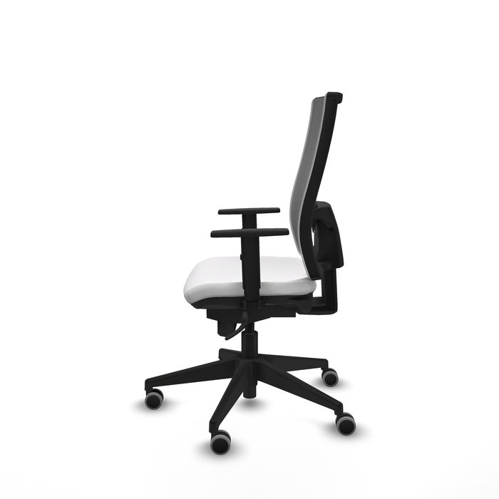 Silla de oficina Horna con mecanismo Sincro tapizada con Tela color Blanco y malla color Gris. Equipada con lumbar 1D, Brazos 1D y Ruedas 65 mm parqué
