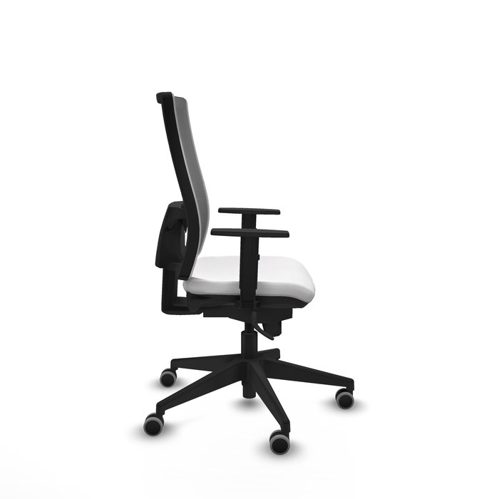 Silla de oficina Horna con mecanismo Sincro tapizada con Tela color Blanco y malla color Gris. Equipada con lumbar 1D, Brazos 1D y Ruedas 65 mm parqué