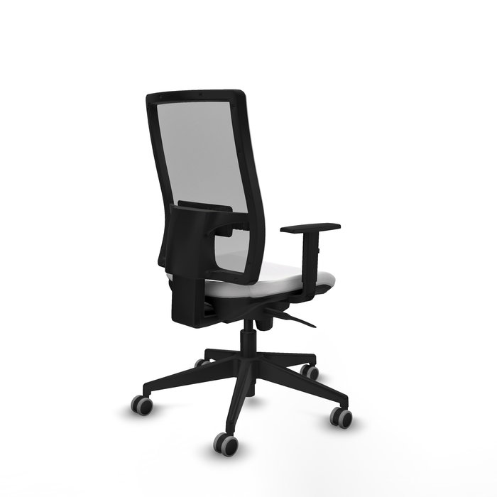 Silla de oficina Horna con mecanismo Sincro tapizada con Tela color Blanco y malla color Gris. Equipada con lumbar 1D, Brazos 1D y Ruedas 65 mm parqué