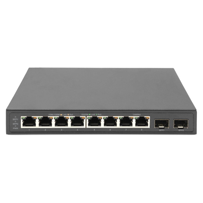 Digitus Conmutador de Red No Administrado 8 Puertos Gigabit Ethernet + 2 Puertos SFP, 20 Gbit/s Capacidad, Jumbo Frames, Negro, Modelo Referencia de 8+2 Puertos