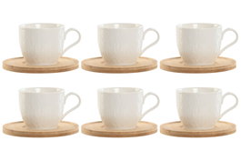 DKD Home Decor Tazas de Cafe de Porcelana y Bambu Blancas Naturales Set de 6 Piezas 220ml 8 x 7 x 11 cm