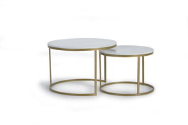 GINER Y COLOMER Lote de 2 Mesas Centro Mármoles y Metal Dorado 70cm y 55cm